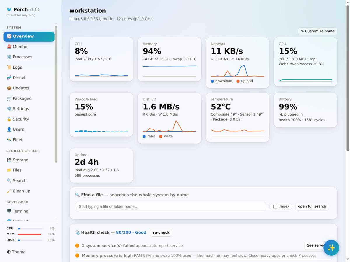Perch overview: live CPU, memory, network and GPU charts, file search and the health scorecard