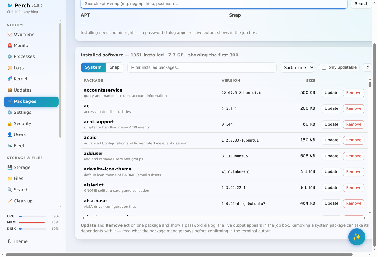 Installed packages with update and remove